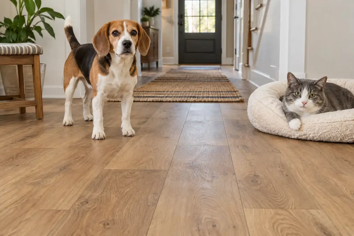 Beagle on wood-look luxury vinyl plank beside a cat resting in a pet bed.