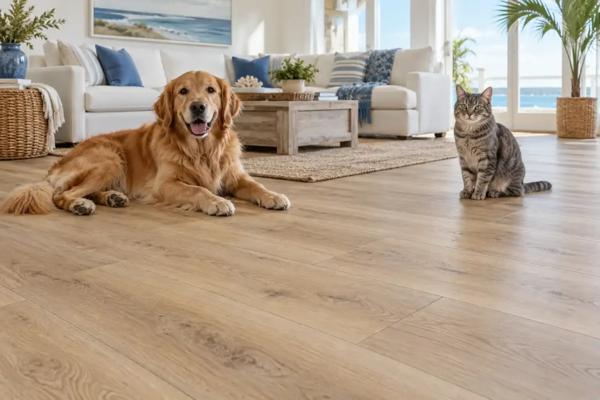 Beagle on wood-look luxury vinyl plank beside a cat resting in a pet bed.
